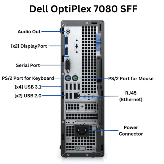 Rear facing view of Dell OptiPlex 7080 Small Form Factor ports.