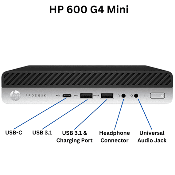 Front view of the HP ProDesk 600 G4 Mini Desktop ports.