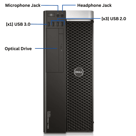 Front view of the Dell Precision T3610 Work Station Desktop ports.