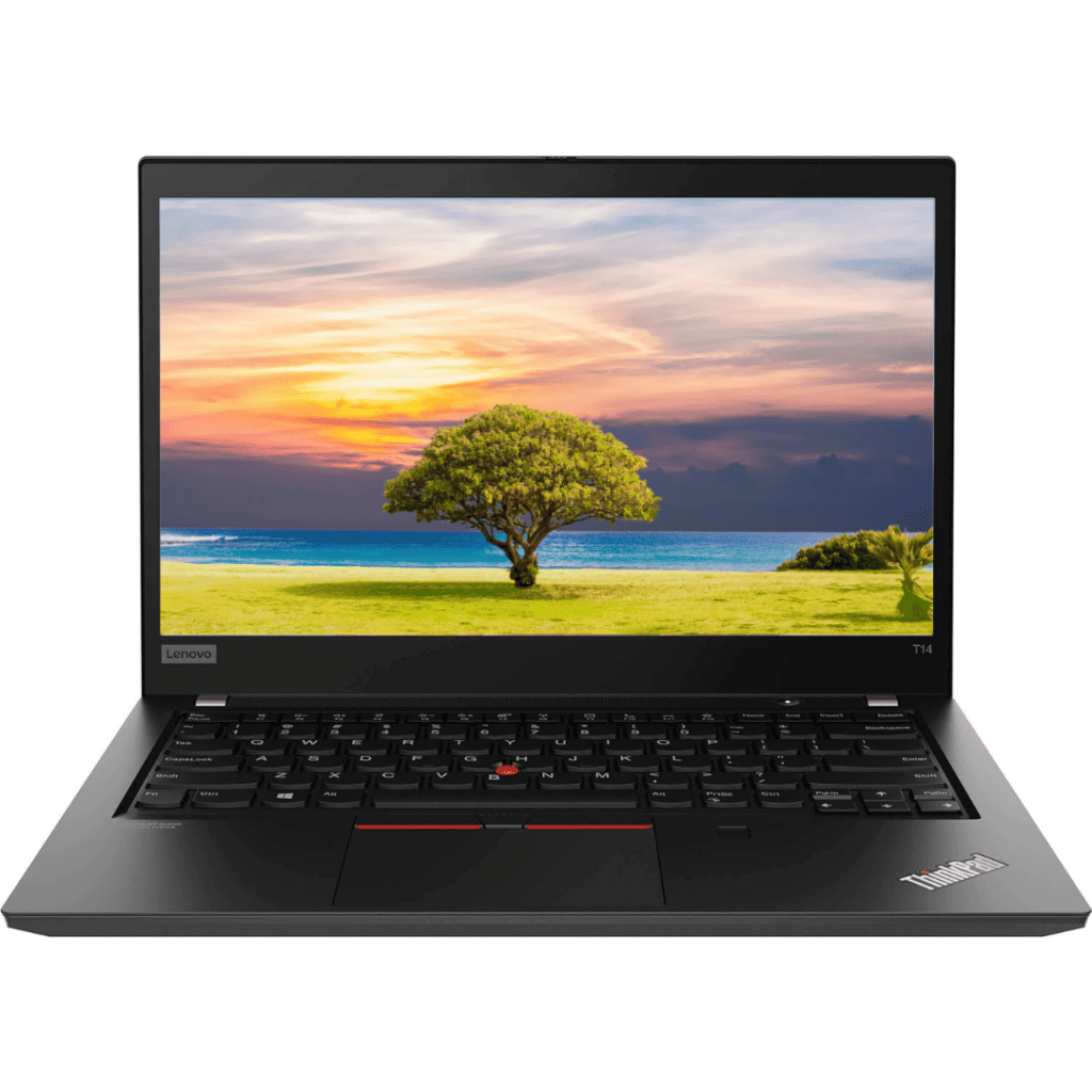 Front view of opened Lenovo ThinkPad T14 Gen 1 laptop.