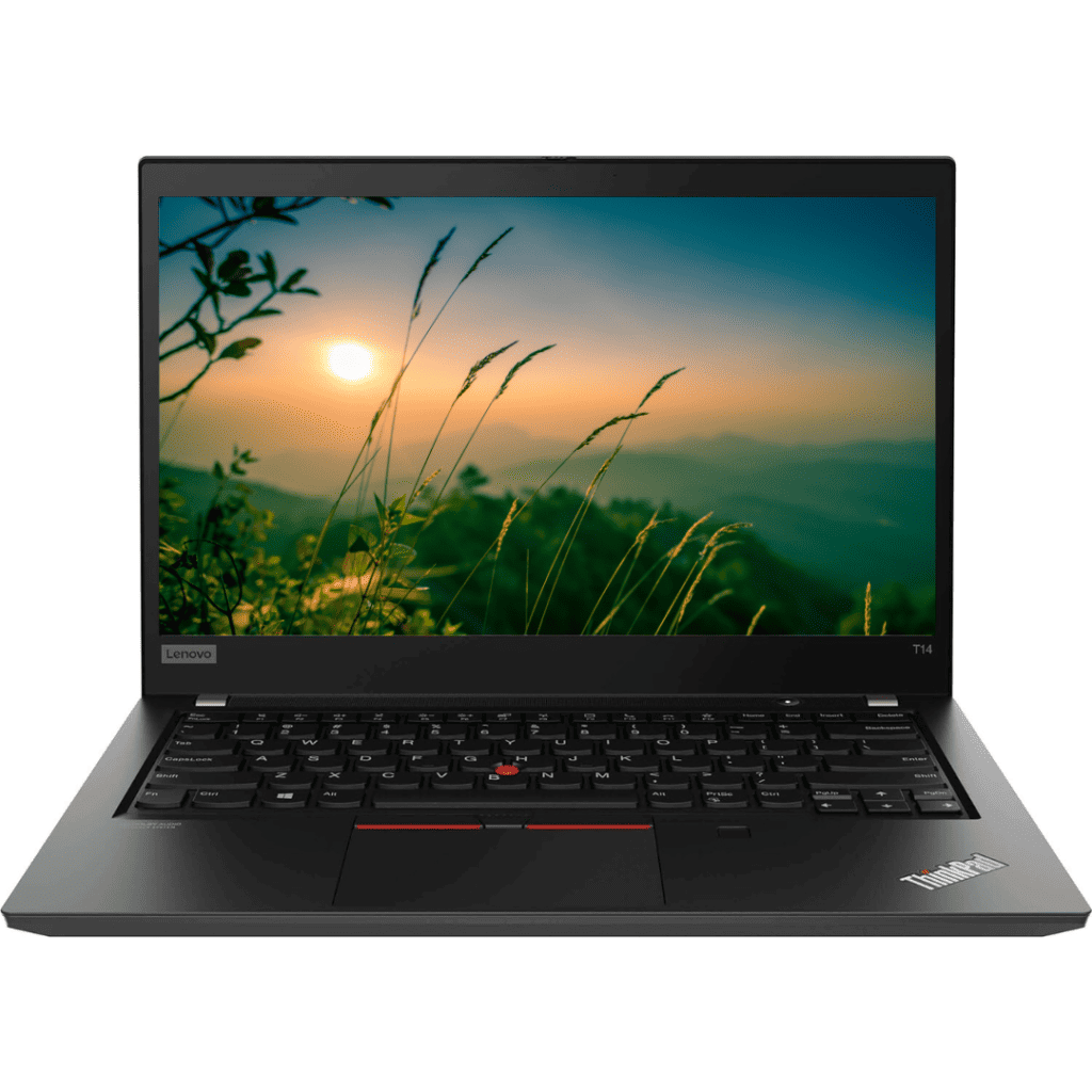 Front view of opened Lenovo ThinkPad T14 Gen 2 laptop.