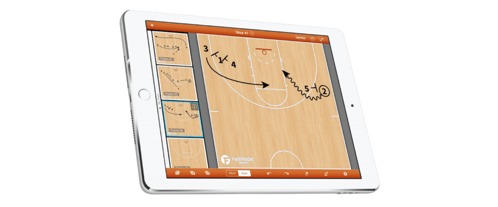 Apple iPad being utilized to draw out plays on a basketball court.