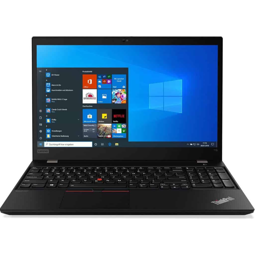Front view of opened Lenovo ThinkPad T15 Gen 2 laptop.