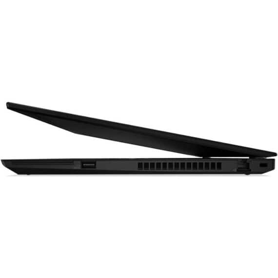 Side view of partially opened Lenovo ThinkPad T15 Gen 1 laptop.