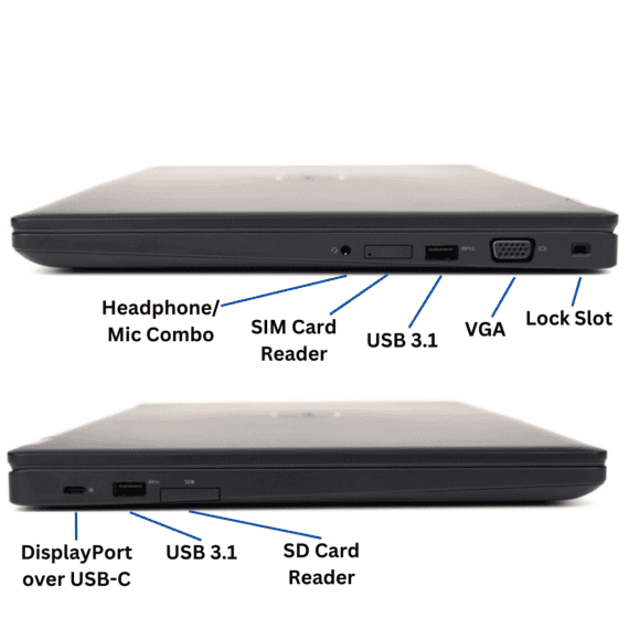 Left and right side views of the Dell Latitude 5590 Laptop Ports from Evergreen Electronics.