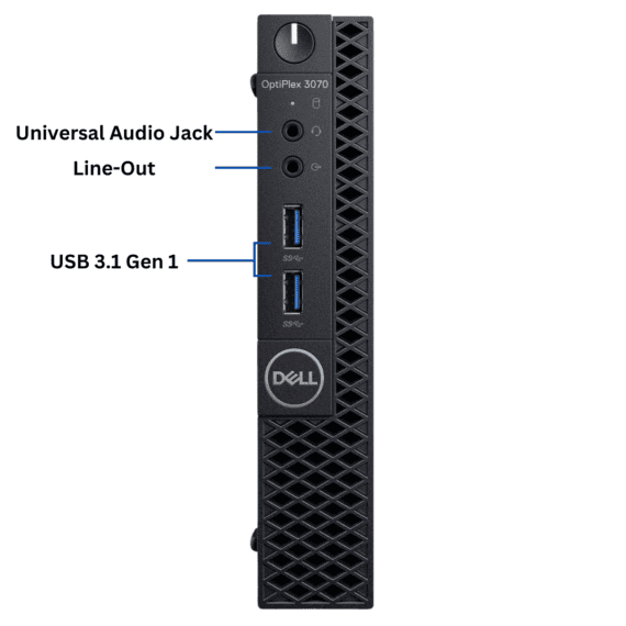 Front view of Dell OptiPlex 3070 Micro Form Factor desktop port diagram from Evergreen Electronics.