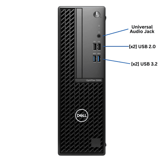 Front-facing view of the Dell OptiPlex 3000 Small Form Factor Desktop Port Diagram, with all front ports visible and clearly labeled.