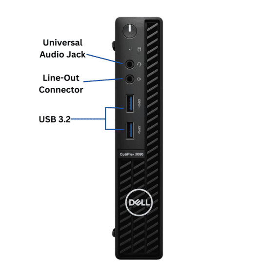 Front-facing Dell OptiPlex 3080 Micro Form Factor port diagram from Evergreen Electronics.