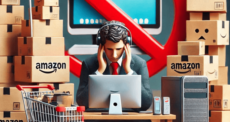 Image of an office worker looking overwhelmed while surrounded by Amazon boxes.