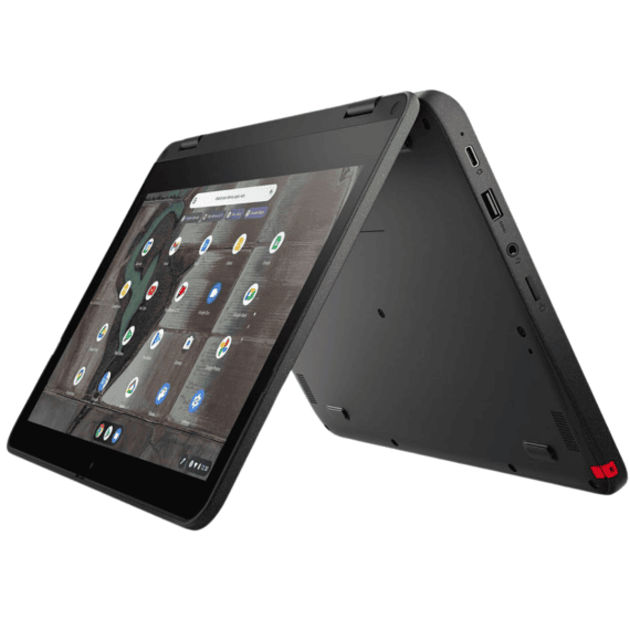 Image of the Lenovo Chromebook 500e G3 2-in-1 laptop, with an opened screen bent back to be in tent mode.