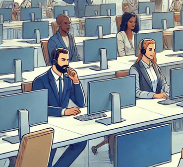 Illustrated image of call center agents using refurbished monitors.